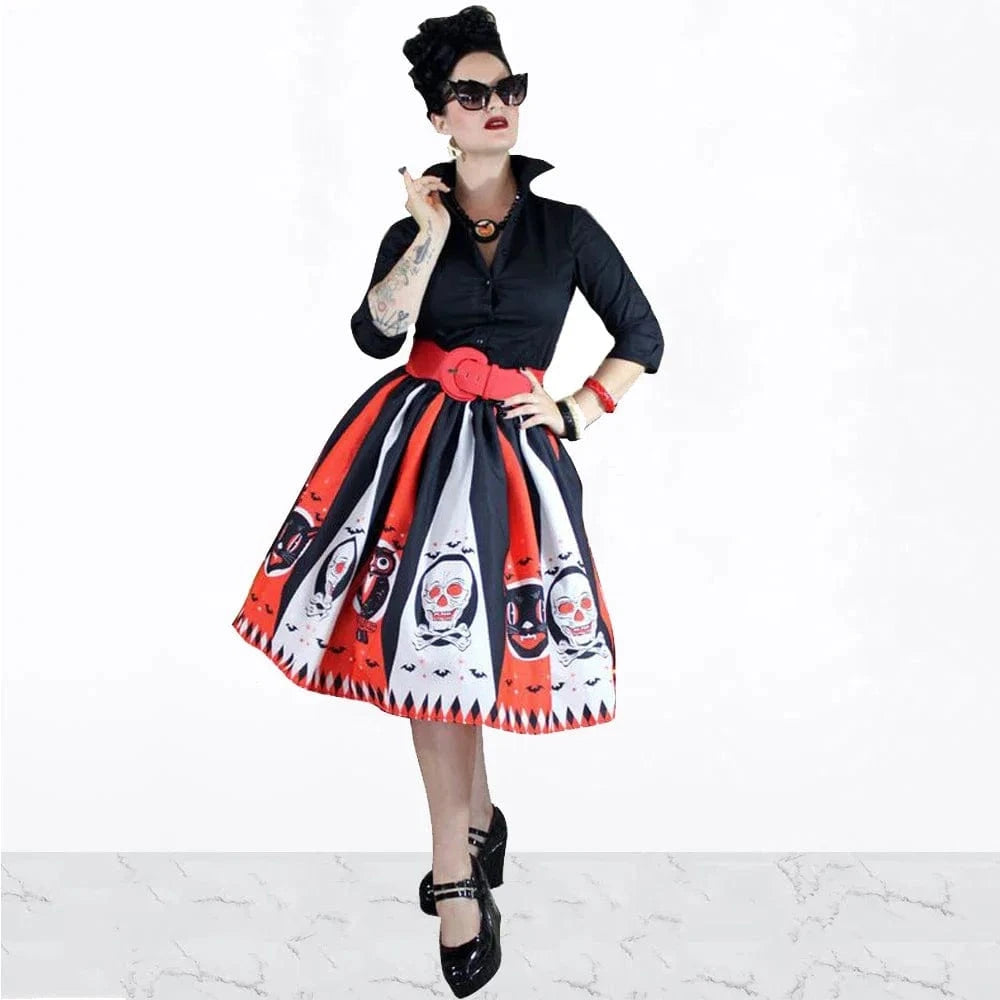 Women Vintage Halloween Skirt Retro Poker Face Skull Plus Size Skirt High Waist Pleated Ball Gown Long Skirts