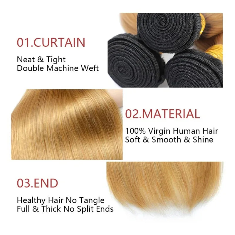 Straight Human Hair Bundles 12-26 Inch 100% Unprocessed Extensions Brazilian Virgin 1B/27Weave Hair For Women 100G/PC