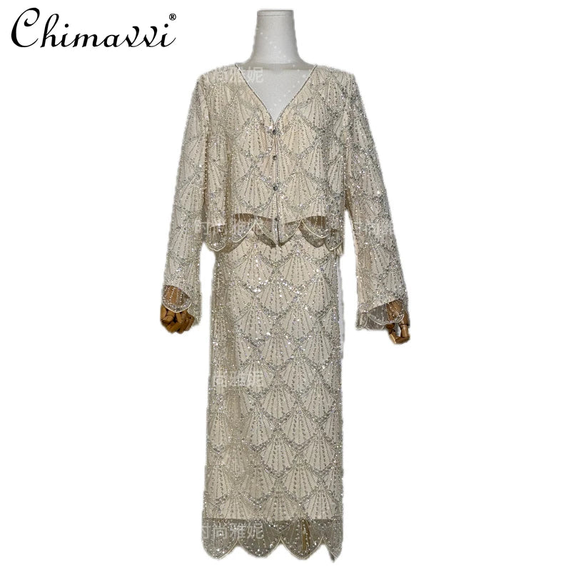 Fashion New Fashion Long-sleeved Sequined Pearl Bead Cardigan Women's Top High-waisted Skirt 2-piece 2025 Spring New Skirt Sets