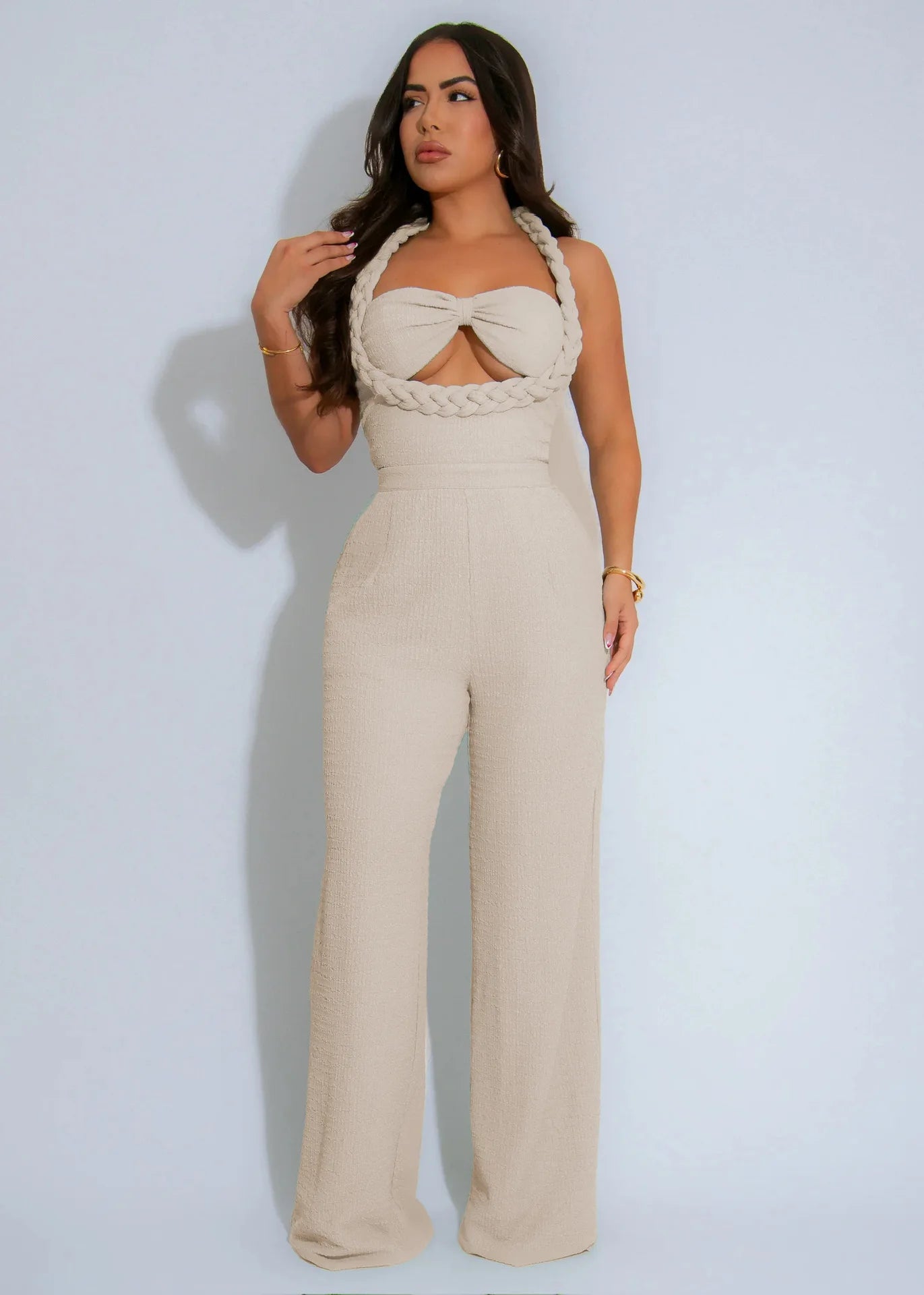 CM.YAYA Women Weave Halter Neck Backless Wide Leg Jumpsuit 2025 Chic Summer Sexy Party Club Night One Piece Suit Playsuit Romper