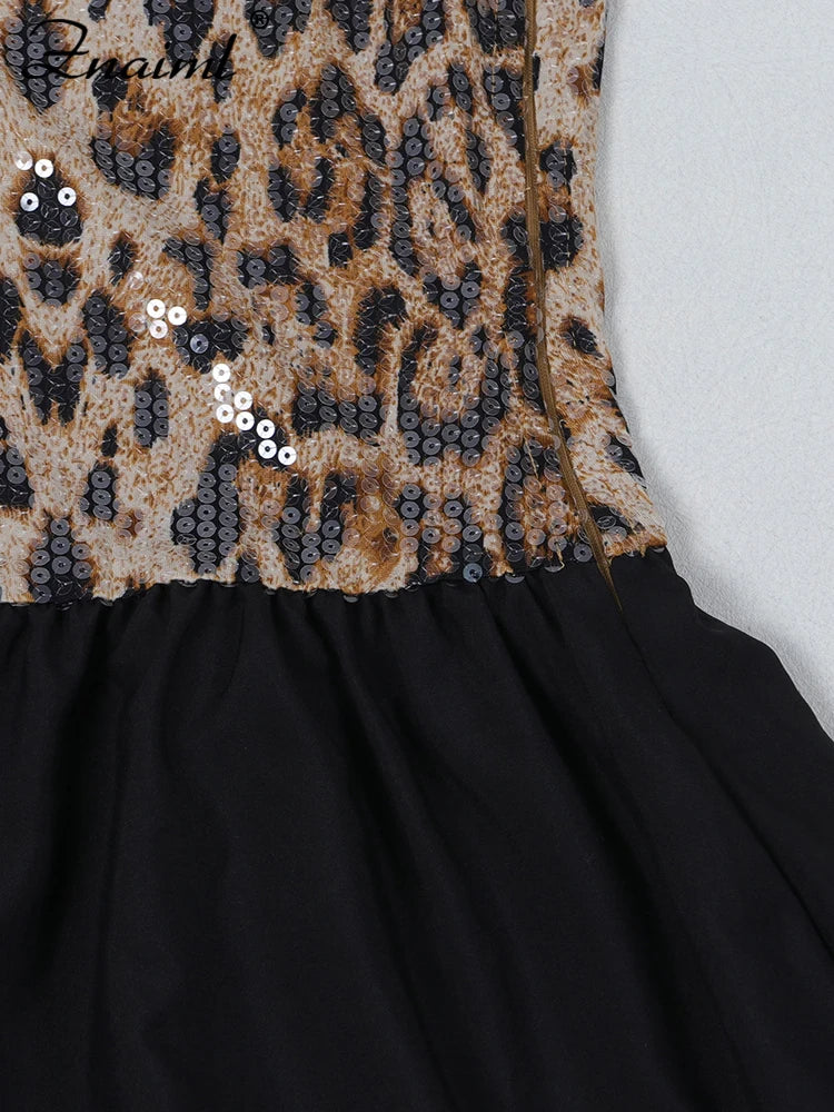 Znaiml Sexy Leopard Print Sequins Patchwork A-line Mini Dresses Woman Off Shoulder Tube Strapless Prom Night Club Short Dress