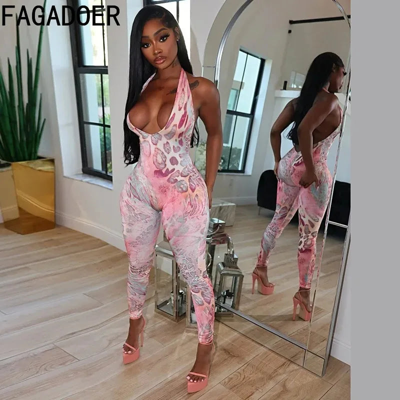 FAGADOER Sexy Leopard Print Bodycon Jumpsuits Women Halter Sleeveless Backless One Piece Rompers Female Streetwear Overalls New