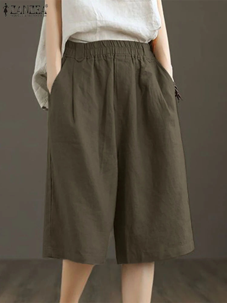 ZANZEA Woman Casual Mid-Length Shorts Elastic High Waist Loose Solid Wide Leg Pants 2025 Summer Holiday Comfort Weekend Shorts