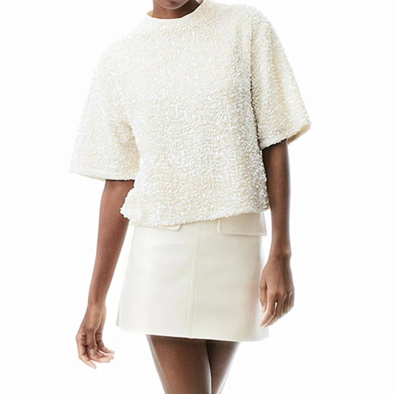 2025 Velvet Sequin Solid Color Club Party Shirt Elegant Loose Commuting Top Spring Summer O-neck Short Sleeved Women's Pullover