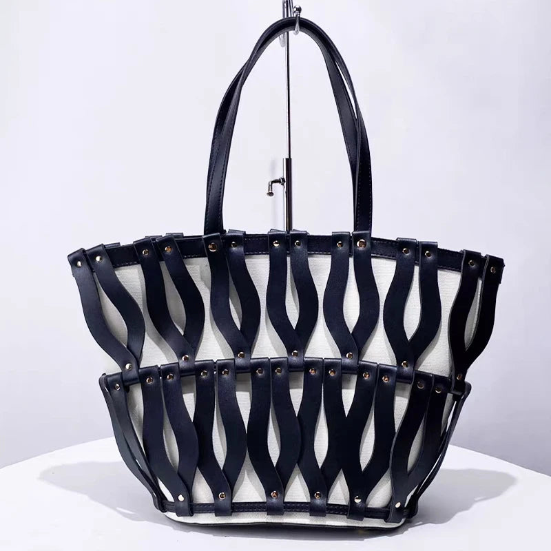 Hollow Fashion Woven Shoulder Bag Brand Retro Large Capacity Tote Bag Texture Contrast Color Canvas Handbag Beach Bag Women Bag