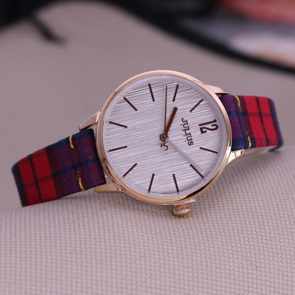 New Julius Women's Watch Fine Fashion British Plaid Style Hours Dress Bracelet Real Leather Clock Girl Birthday Gift Box