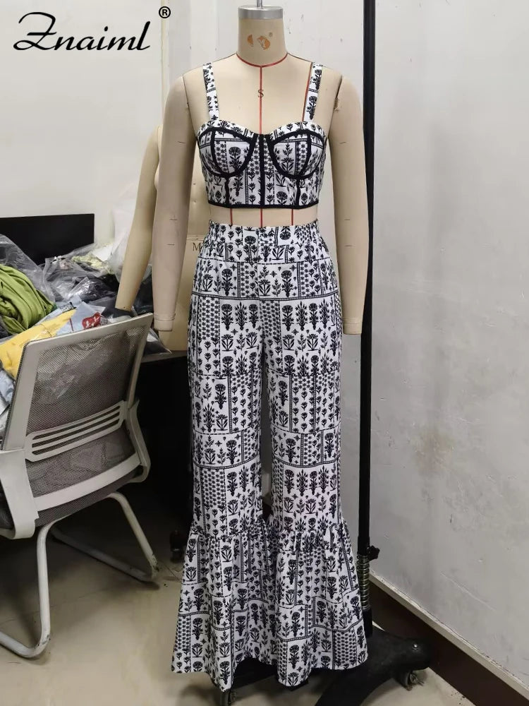 Znaiml Sexy Spaghetti Strap Backless Crop Top and Flare Pants 2 Pieces Set Woman Fashion Black White Print African Outfits 2025