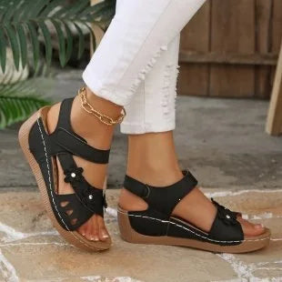 Modern Floral Buckle Wedge Sandals