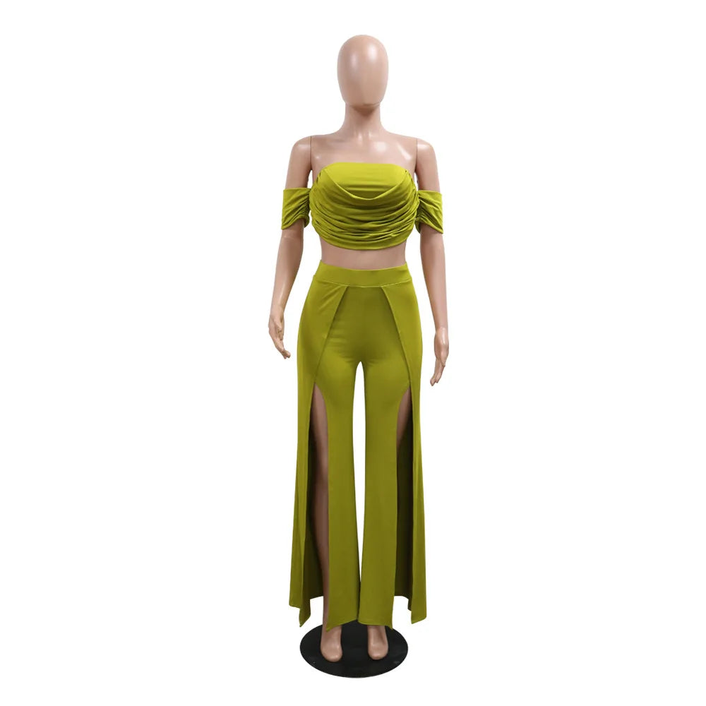 CM.YAYA Women's Set Short Sleeve Slash Neck Ruched Tops and Wide Leg split Pants 2024 Street Two 2 Piece Sets Outfit Tracksuits