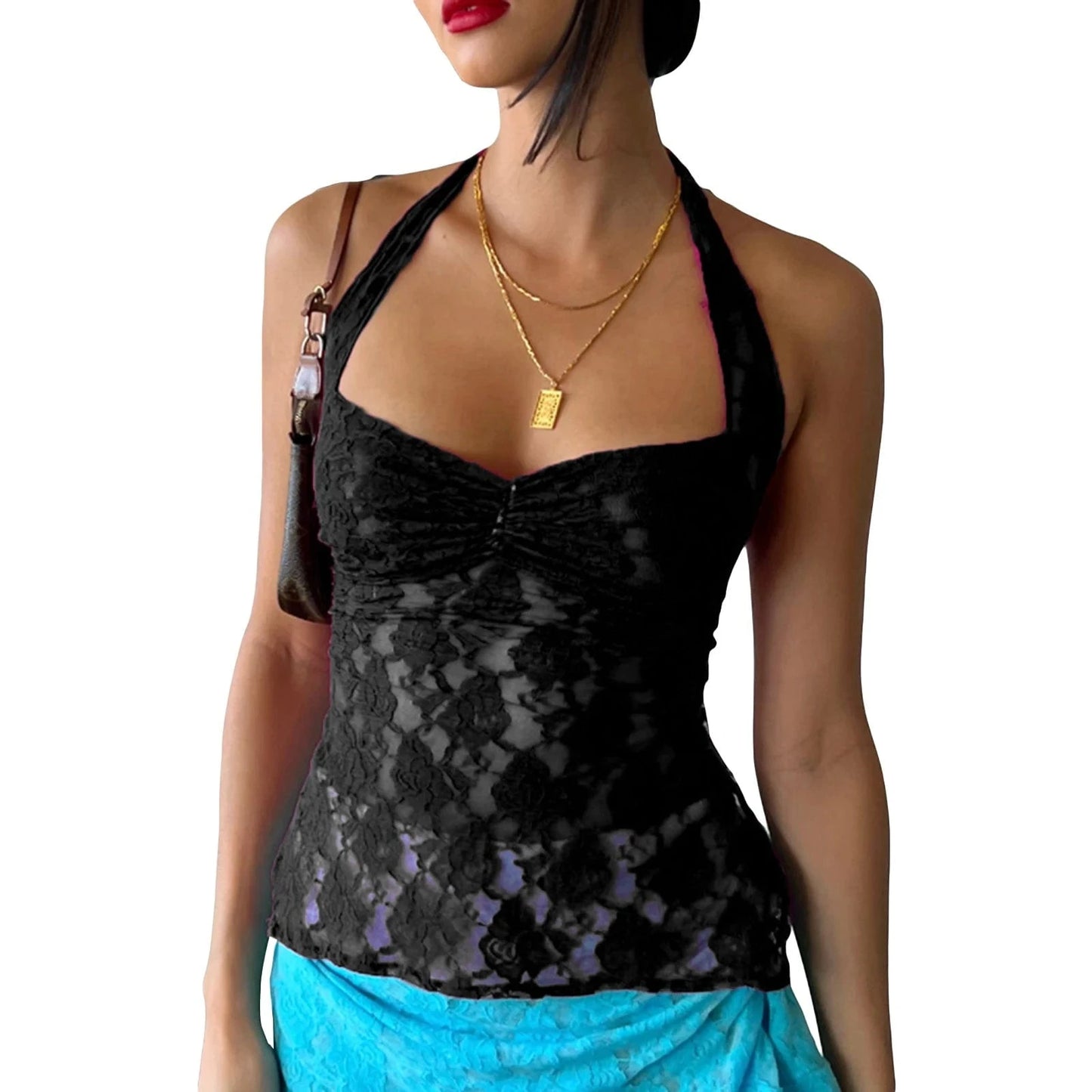 hirigin Sexy Halter Lace See Through Crop Top for Women Summer Backless Party Club Vest Tank Top Y2K Fashion Basic T-Shirt
