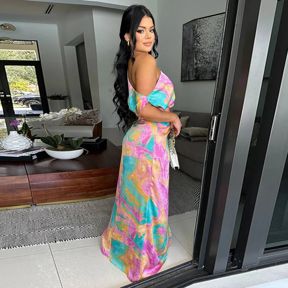 CM.YAYA Women Skew Collar Tie-dye Print Long Dress Summer Streetwear Beach Evening Sexy Night Party Split Maxi Dresses Vestidos