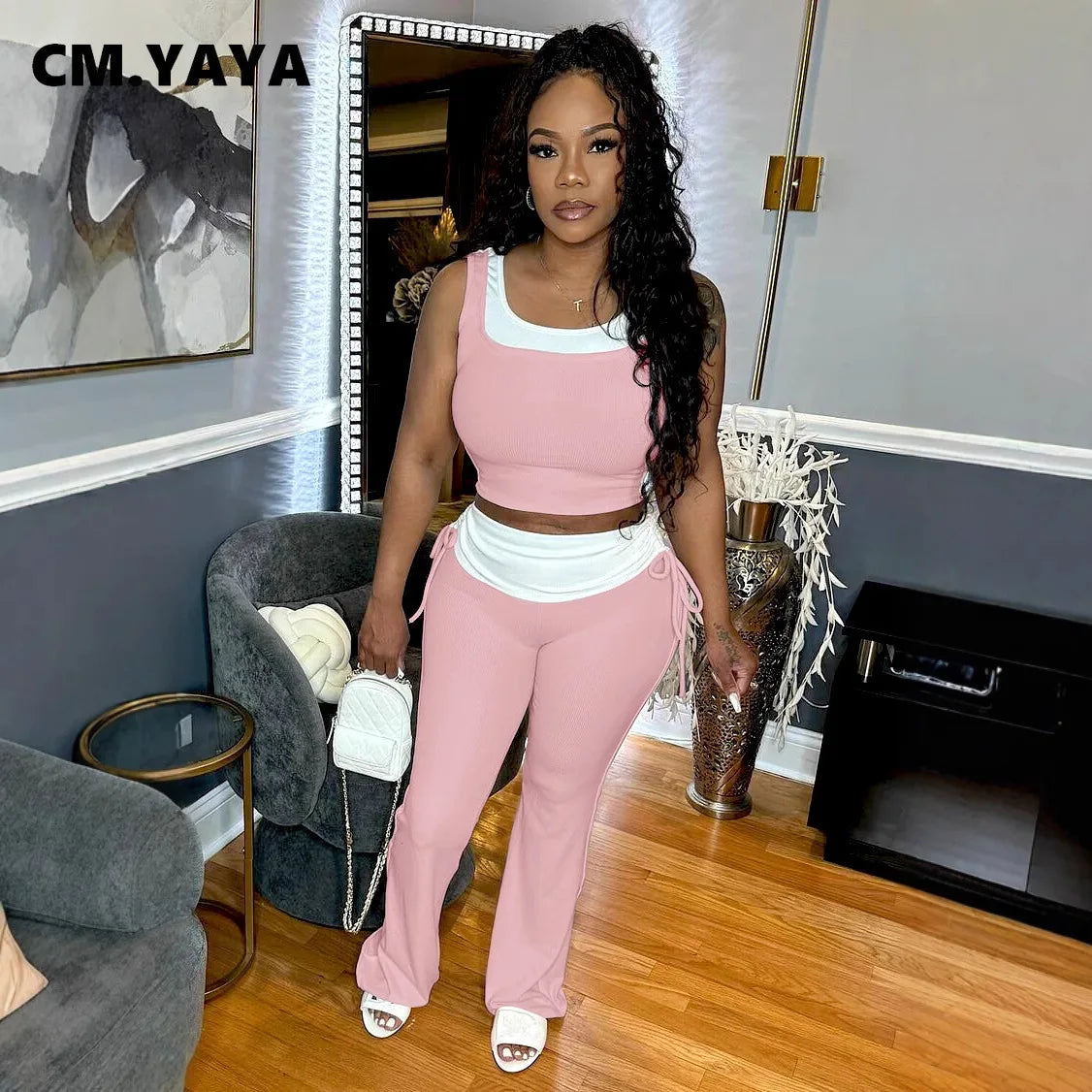 CM.YAYA Fashion Knit Ribbed Patchwork Women's Set Sleeveless Tank Tops and Flare Pants Tracksuit 2025 Two 2 Piece Sets Outfit