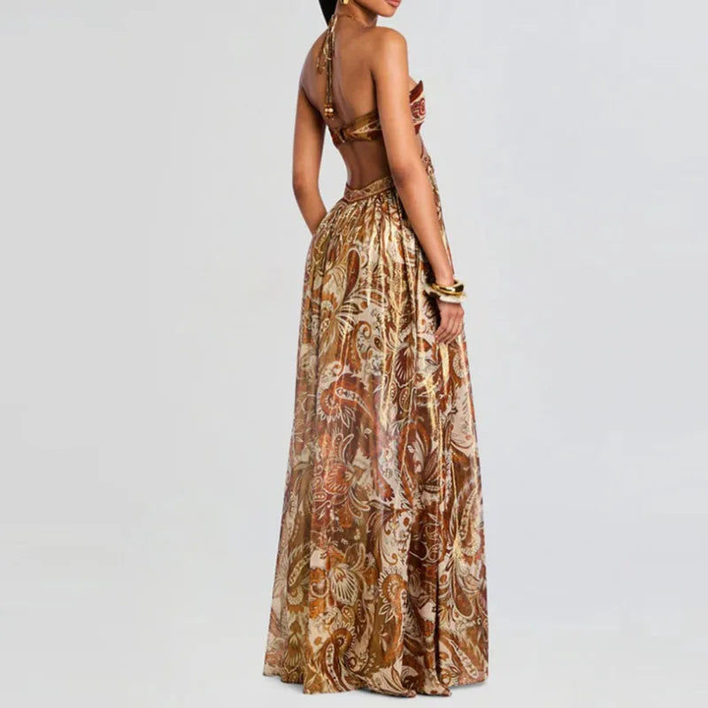 Holiday Sling Print Halter Party Dress Lady Summer Sleeveless Backless Beach Dresses Sexy Hollow High Waist Strapless Robe Dress