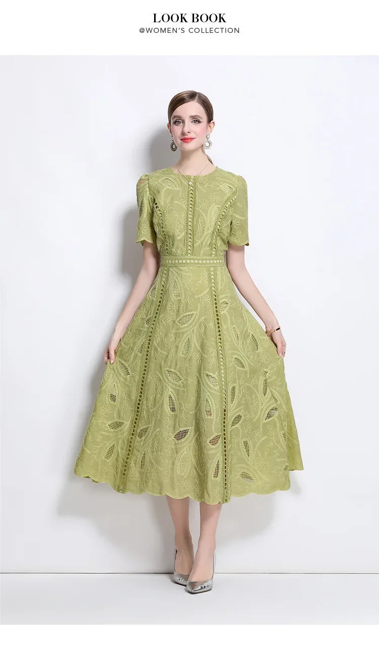 Elegant Lace Sleeve Midi Dress Women's round Neck Gored Skirt Short Sleeve Slimming Summer New Style Vintage High-End Feeling