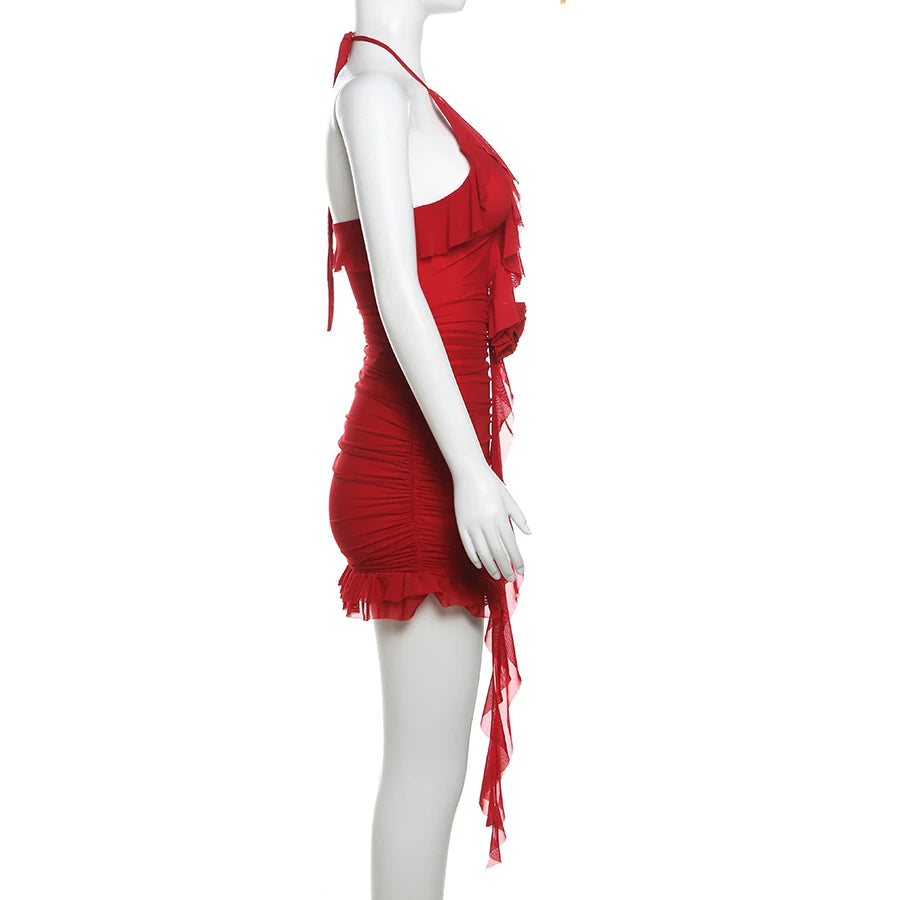 Sylcue Spring New Sweet Gentle Red Sexy Confident High Street Mature Beautiful Cool Women'S Short Ruffled Halter Dress