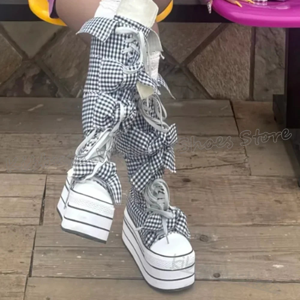 Checkered Canvas Boots Knee High Platform Lace-Up Mixed Color Fashion Elegant Luxury Novelty Women Shoes Round Toe Thick Bottom