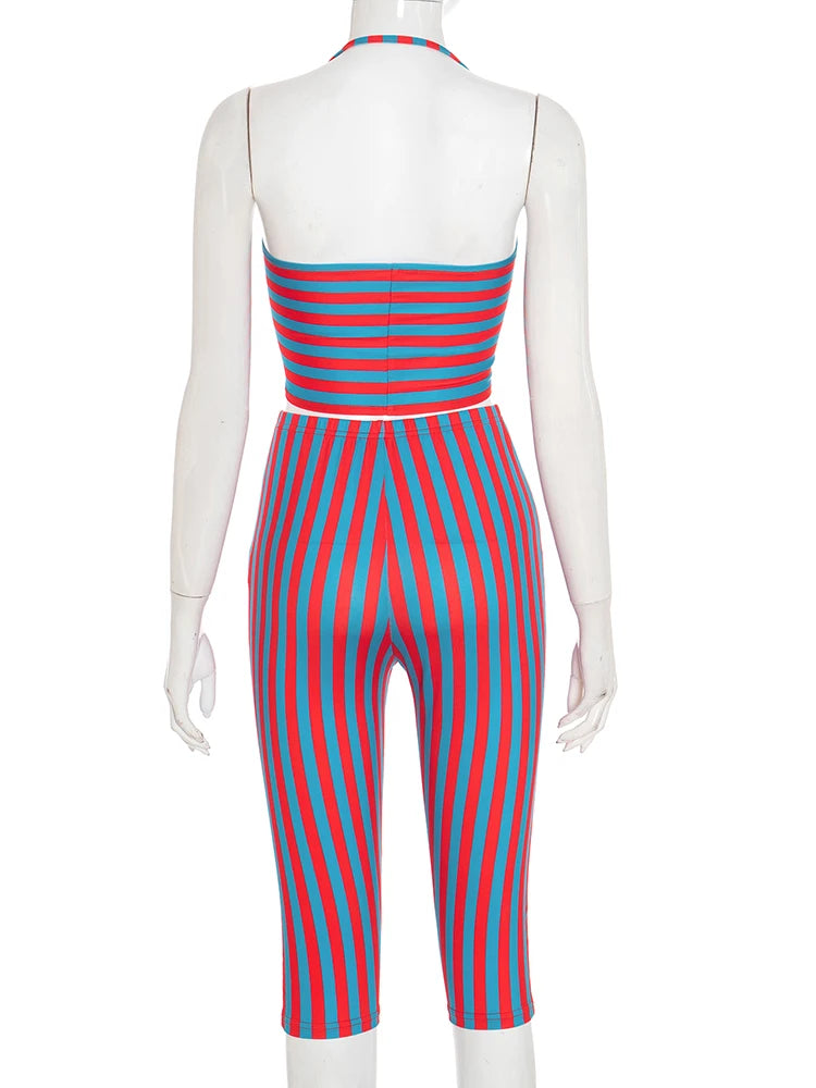 Weird Puss Sexy Stripe Patchwork 2-Piece Set Women Halter Chest Wrapped Camisole+Skinny Mid Pants Matching Hottie Beach Outfits