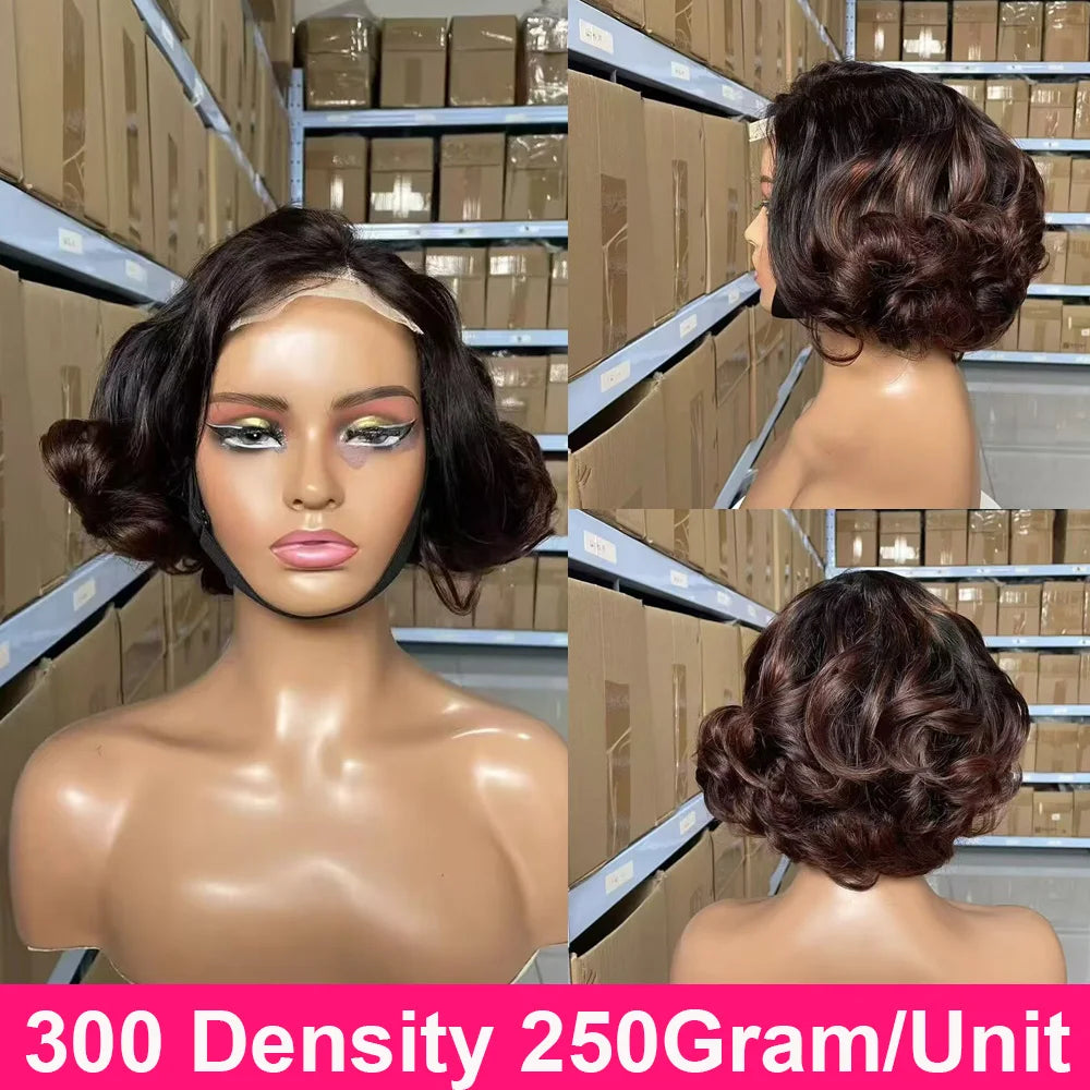 100% Raw Indian Virgin Hair Bouncy Wave 4x4 HD Lace Closure Wigs Wear and Go Ombre Chocolate brown #4 Bouncy Curly Glueless Wigs