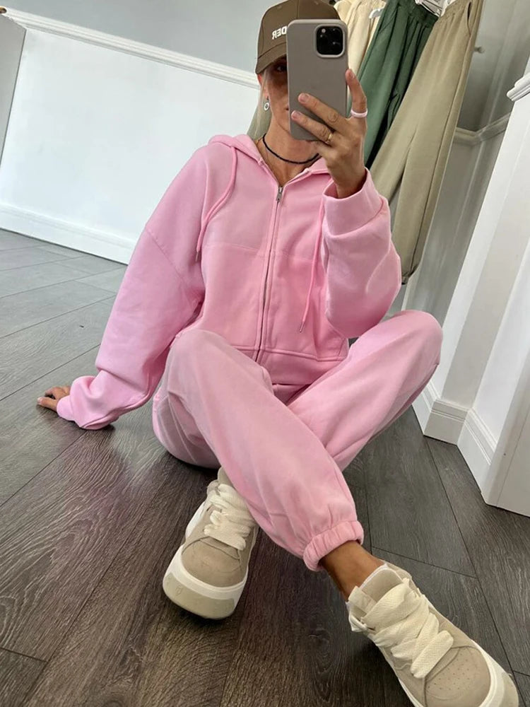 FSMG Casual Hooded Zippers Sweatshirts Pants Set Long Sleeved Cardigan Lace-up Sportswear Two Pieces Set Female Tracksuit Suit