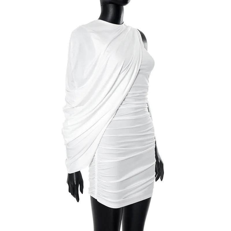 Joskaa Elegant Pleated O-Neck Asymmetric Single Sleeve Body-Shaping Mini Dresses for Women 2025 Summer Holiday Party Clubwear