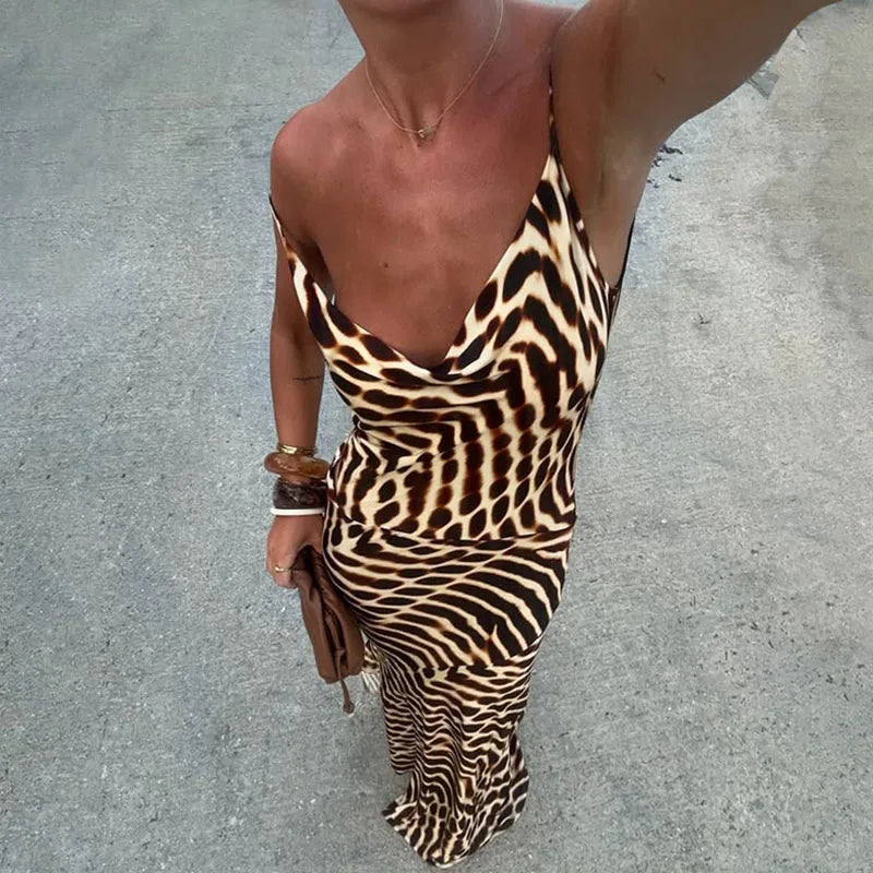 Vintage Leopard Print Slim Straps Long Dress Lady Casual Holiday Beach Bohemian Dress Spring Summer V Neck Sleeveless Maxi Dress