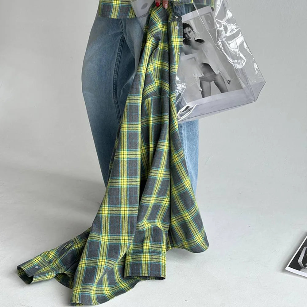 FSMG-Versatile Plaid Shirt For Women, Red Bright Grid, Oversized Blouse, Leisure And Fashionable Top, Spring And Autumn Seasons