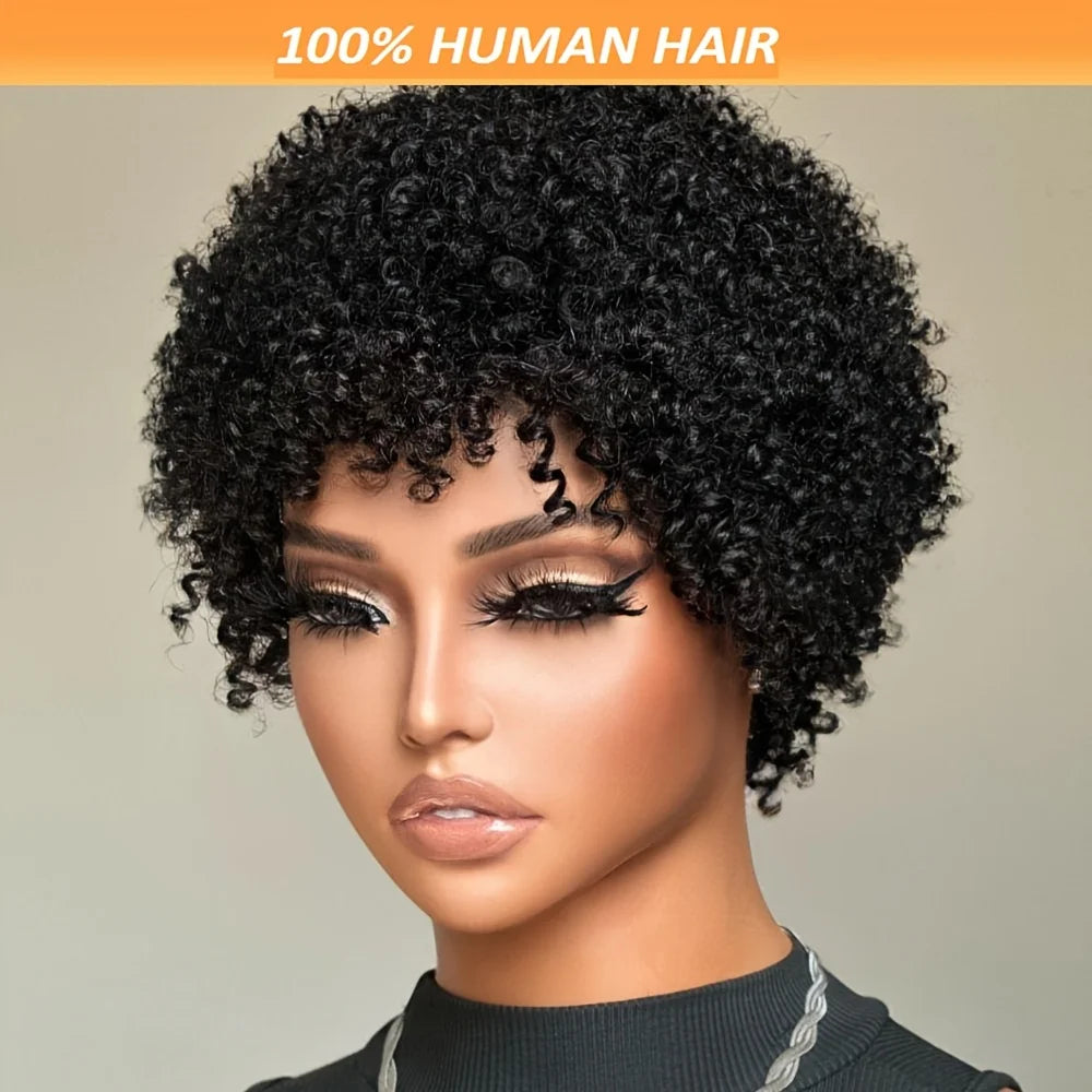 Short Afro Kinky Curly Human Hair Wigs With Bangs Brazilian Virgin Pixie Wig For Black Women 180% Density Full Machine Made Wig