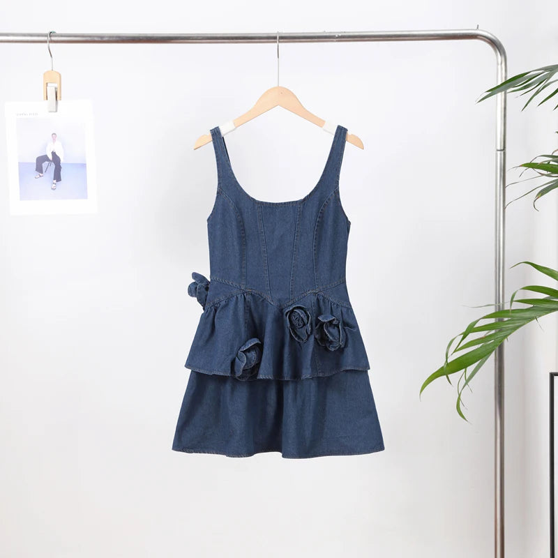 Chic Summer 3d Floral Denim Mini Dress Vintage A Line Halter High Street Sling Dress Vesidos Fashion New Lady Clothing Dress