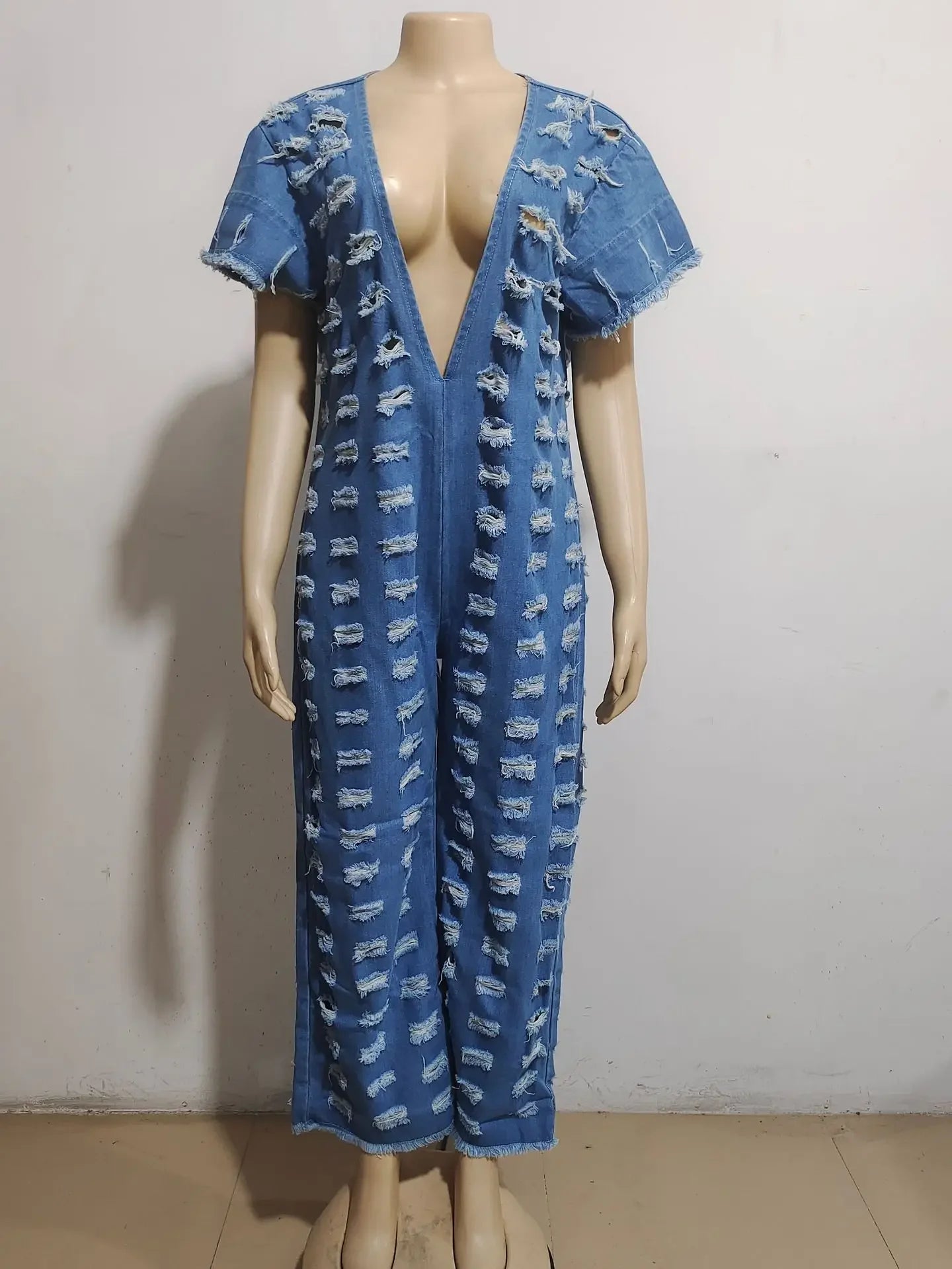 CM.YAYA Women Cutout Hollow Out Deep V-neck Loose Straight Wide Leg Denim Jumpsuit Jeans 2024 Sexy Street  One Piece Suit Romper