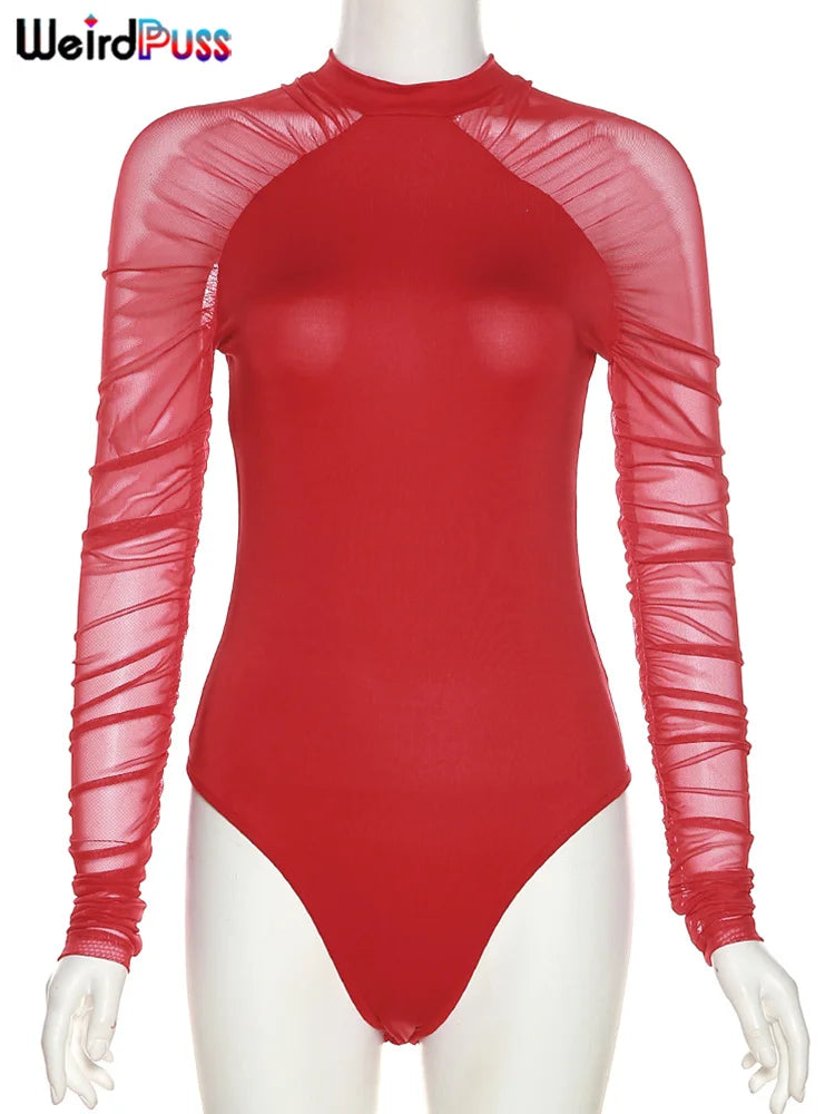 Weird Puss 2023 Mesh Patchwork Bodysuit Sexy Women Sleeve Ruched Skinny Turtleneck Bodycon Elegant Wild Tops Streetwear Outfits
