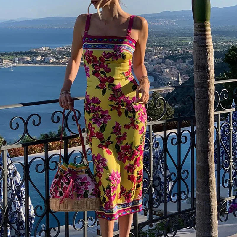 Cocktail Party Backless A-line Dresses Red Printed Summer Suspenders Dress Women's Square Neck Hollowed Out Slim Fit Long Dress