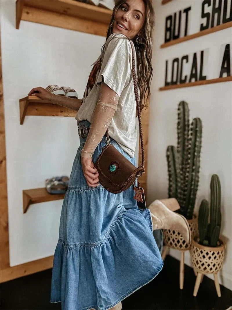Bohemia Maxi Long Skirts Women Spring Summer Elastic High Waist Jean Skirt Ladies Vintage A-Line Ruffle Pleated Denim Skirts