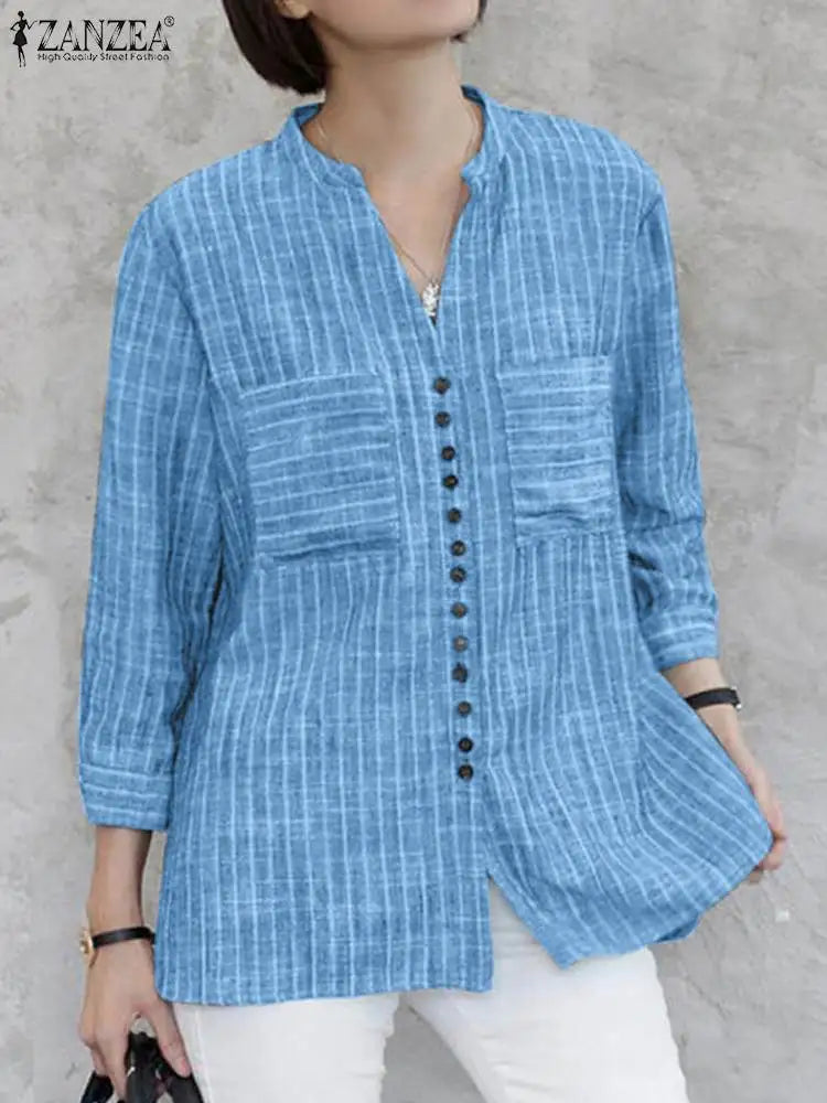 ZANZEA Fashion Stripe Printed Shirt Summer 3/4 Sleeve V-Neck Blouse Female Casual Blusas Mujer Woman Elegant Loose Korean Tops