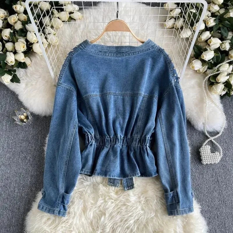 French denim jacket women's new heavy-duty diamond-studded beaded loose short long-sleeved jacket in spring and autumn