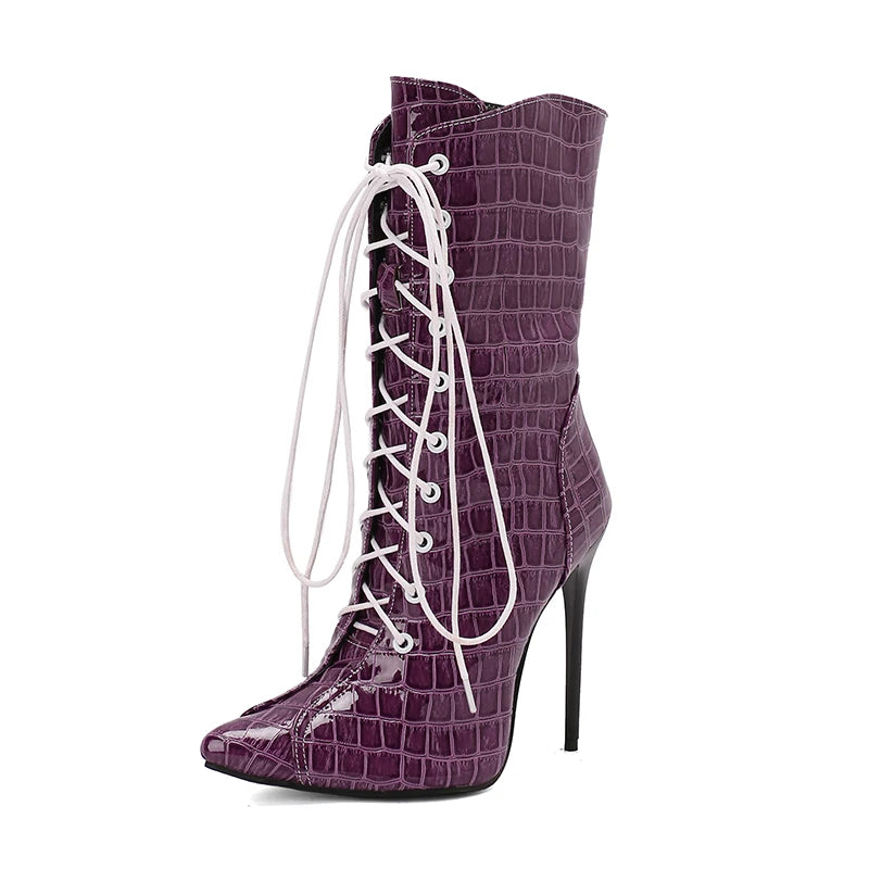 Alligator Pattern Lace Up Stiletto Ankle Boots for Women