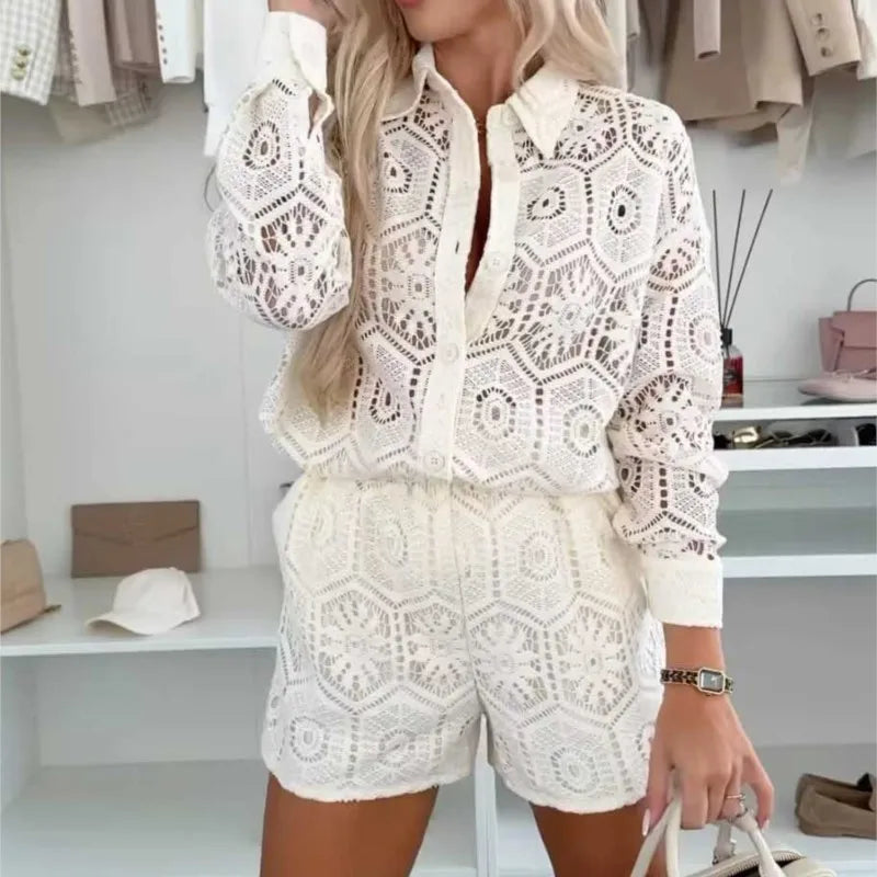 Summer White Lace Shirt Shorts Sets Women Spring Summer Long Sleeve Button Top Shorts 2 Piece Set Elegant Party Outfits Femme