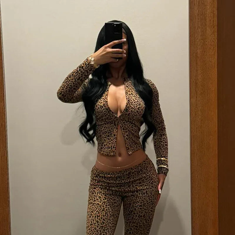 FAGADOER Fashion Leopard Print 2 Piece Sets Women Outfit Long Sleeve Crop Top + Low Waist Skinny Pants Suits Female Streetwear
