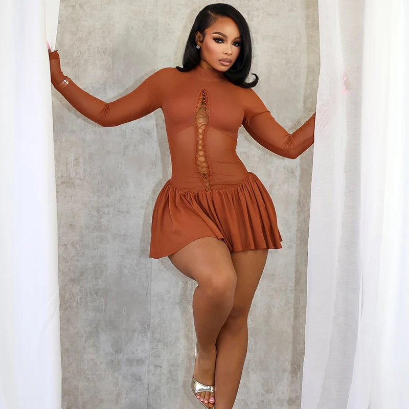 Mesh Patchwork Pleated Bodycon Mini Dress for Women
