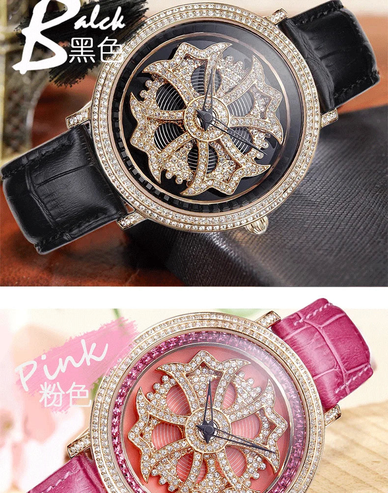 Luxury Davena Spin Snow Flower Women's Watch Japan Mov't Crystal Lady Hours Fine Fashion Real Leather Bracelet Girl's Gift Box