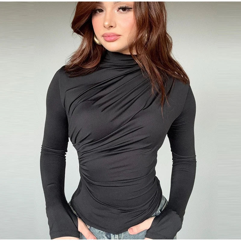 Women Tees Sexy Turtleneck Long Sleeve Pleated All-match Basic Lady T-shirts 2025 Spring Autumn Fashion Chic Female Streetwears