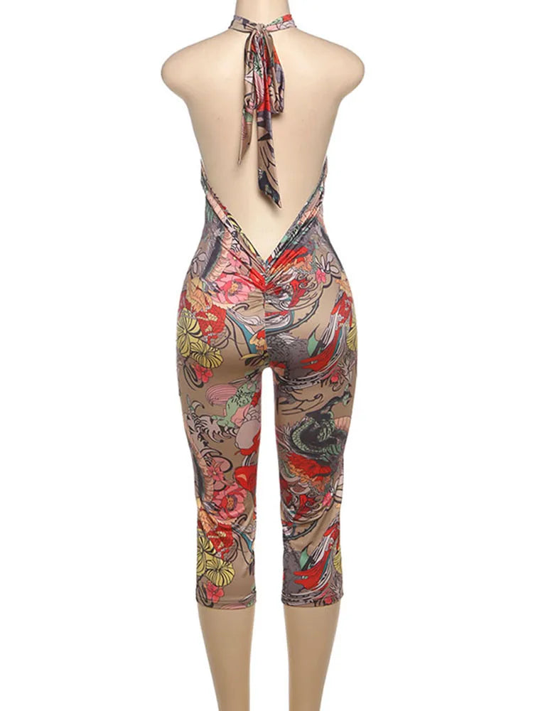 Weird Puss Sexy Print Halter Romper Women Bandage Summer Colorful Hipster Backless Activity Workout Fit Tight Stretch Playsuits