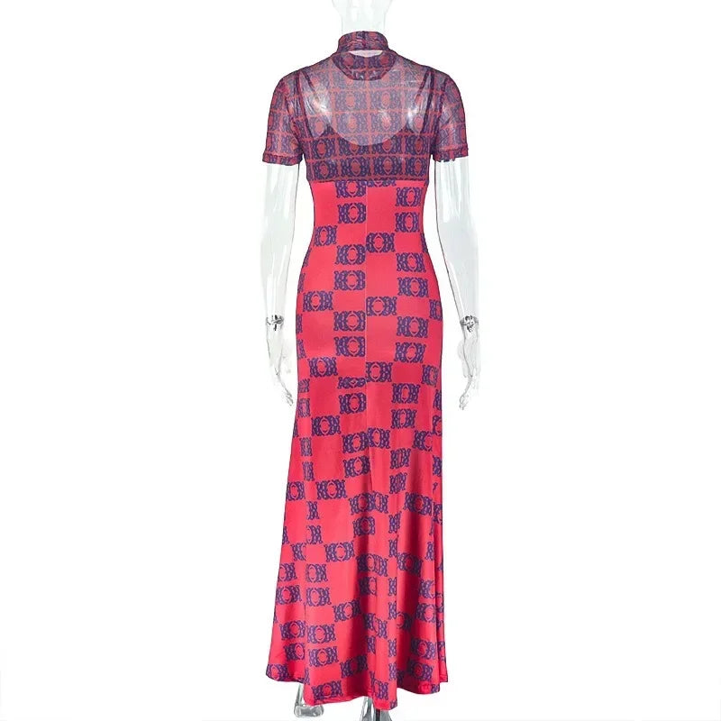 Women's Gauze Spliced Turtleneck Short Sleeve Pleated Waistband Irregular Long Dress, Hips Wrapped