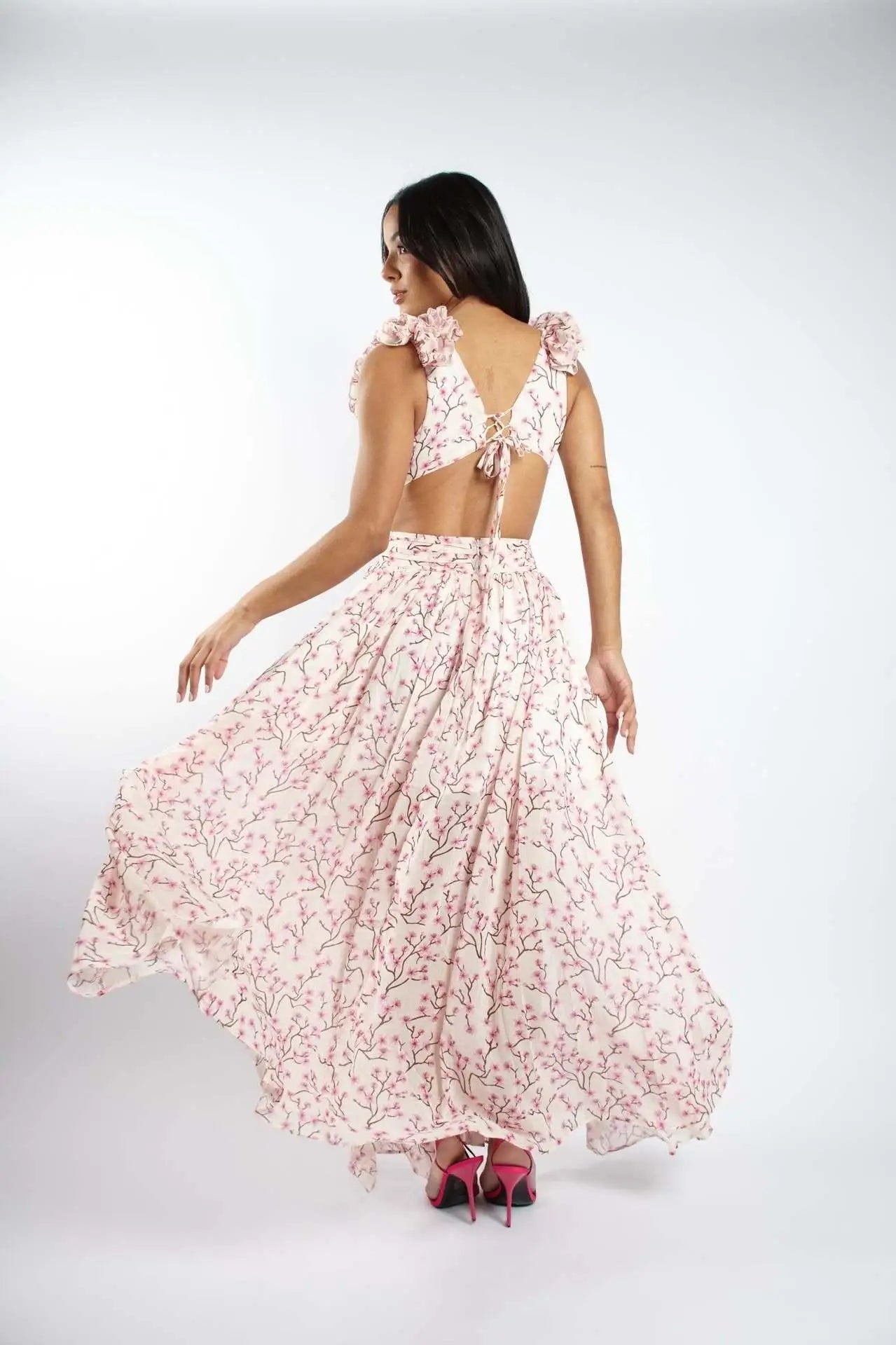 Summer Spring Women's Clothing Dress Hollow Out Slim Deep V Ruffle Edge Floral Backless Dress Loose Maxi