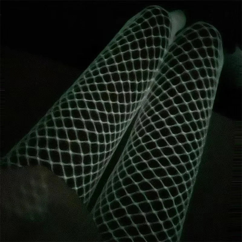 Woman Flash Luminous Fishnet Stockings Open Crotch Pantyhose Moving Mesh Leggings Tights Perspective Glow Dark Lingerie Gothic