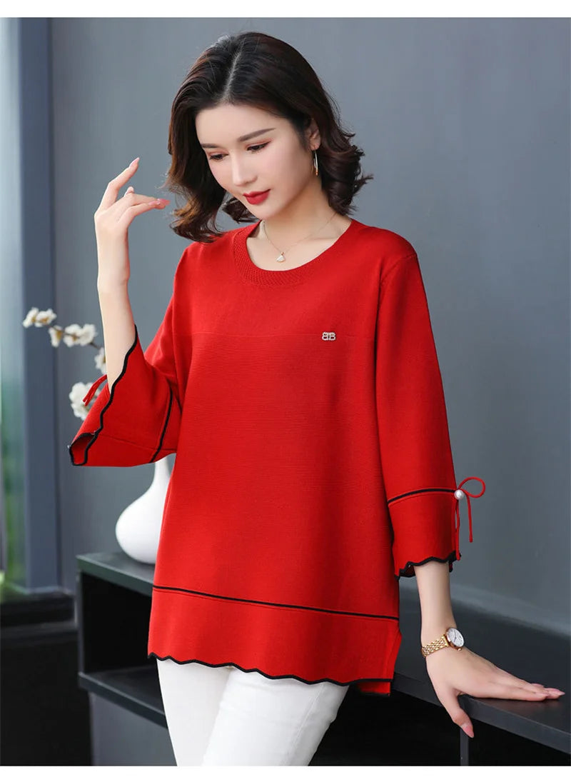 6XL Mom Large Summer New Ice Silk Shirt 3/4 Sleeves Round necked T-shirt Knit Sweater Loose Top For Wearing Outwear Top Black