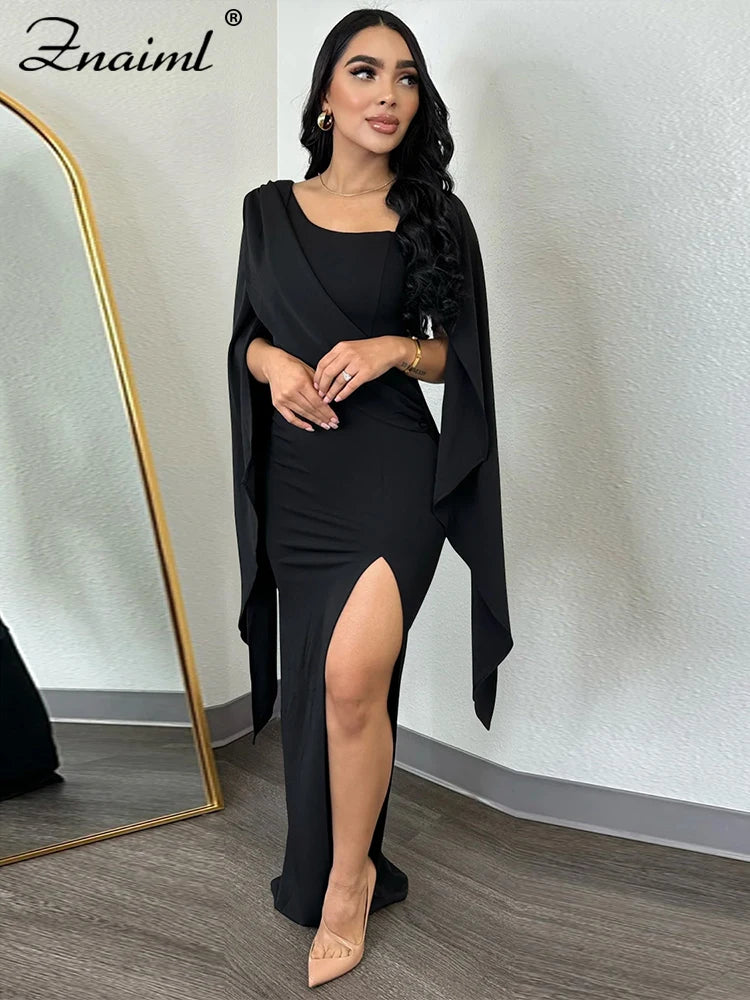 Znaiml Elegant Flare Sleeve Celebrity Nightclub Maxi Long Dresses for Women Sexy High Split Evening Party Prom Birthday Vestidos