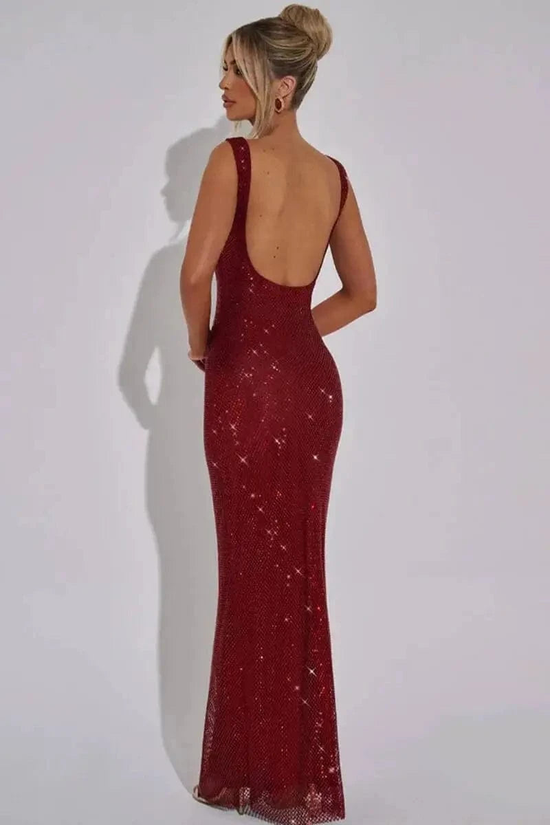 Giyu Sexy Sequined Mesh Diamond Club Evening Party Dresses Women 2025 Summer Autumn Sleeveless Backless Bodycon Maxi Long Dress