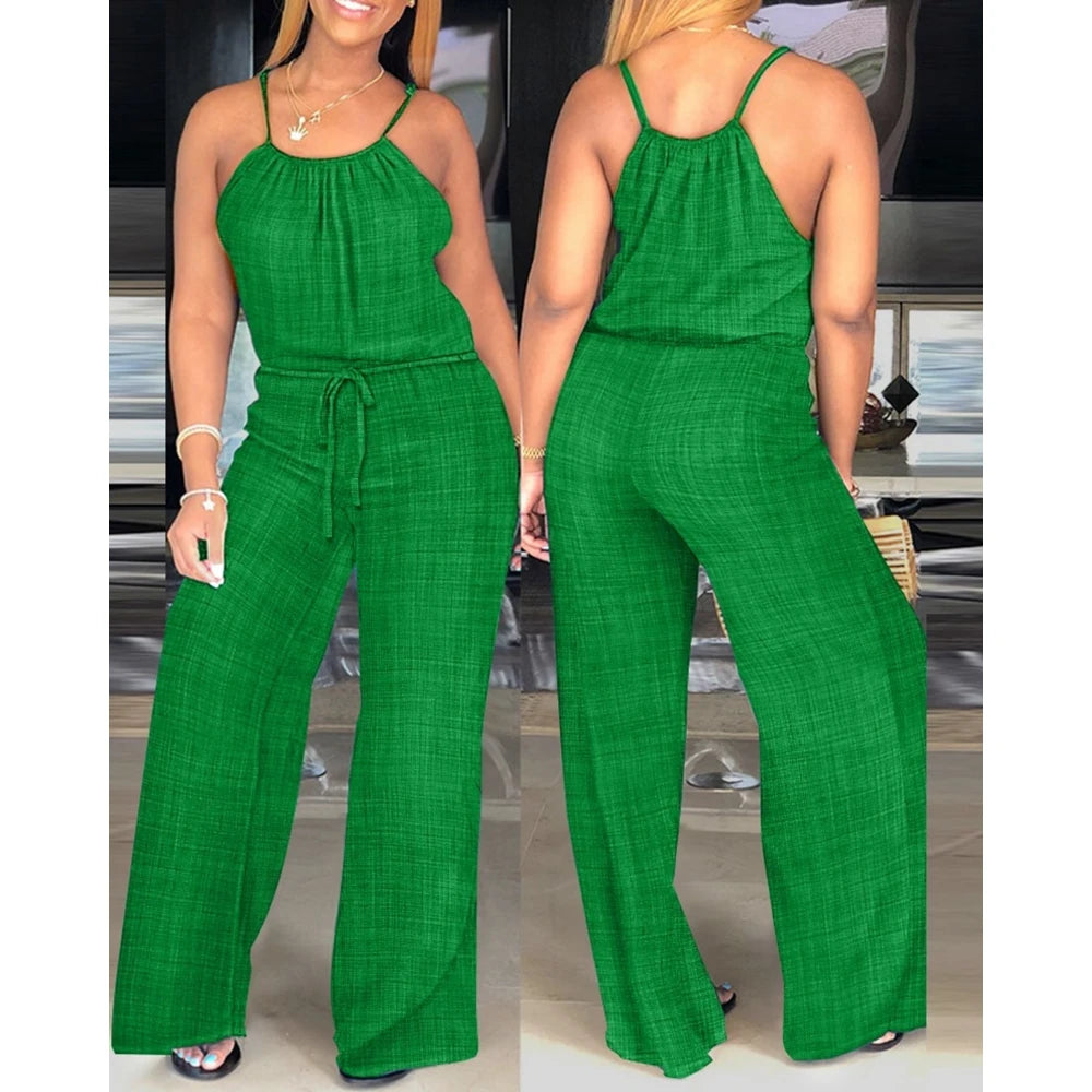 Women Solid Color Round Neck Wide Leg Straight Overalls Summer Spaghetti Strap Drawstring Waist Casual Black Jumpsuits