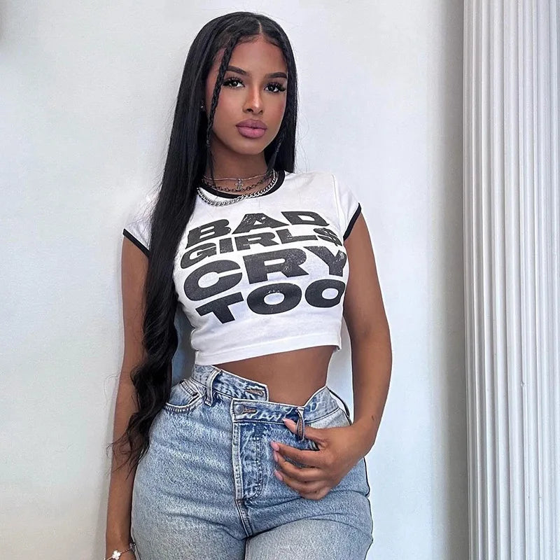 Joskaa 2025 Summer Women's Graphic Print T-Shirt Casual Color Block O-Neck Short Sleeve Slim Tees Y2K Streetwear Fashion Tops