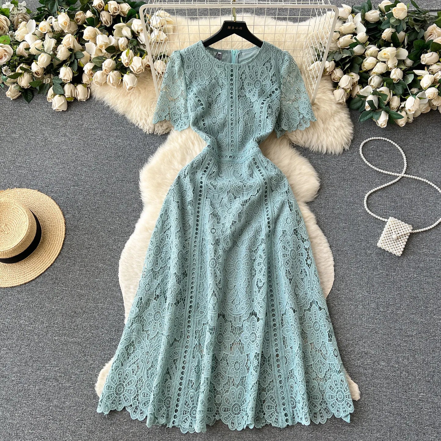 Korean Version Retro High-end Round Neck Lotus Leaf Sleeve Lace Dress for Women's 2026 Summer New Temperament Elegant Long Dress